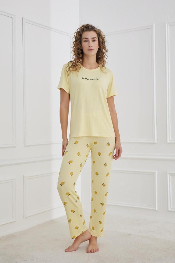 Kadın Limon Desenli Bisiklet Yaka Pijama Takım | Sarı 80601-1238 - Image 1