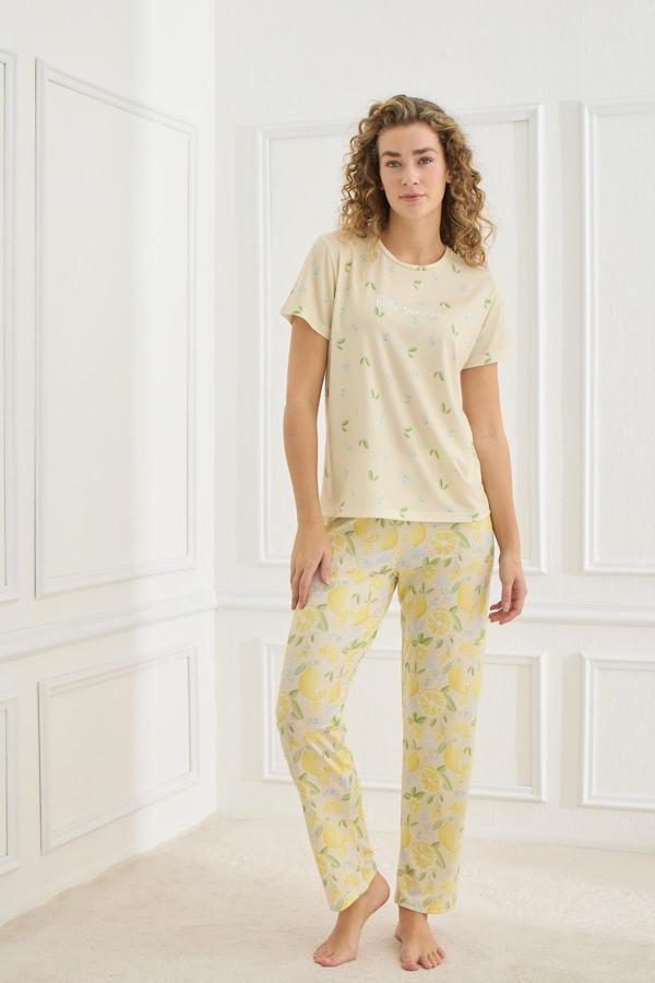 Kadın Limon Desenli Likralı Süprem Bisiklet Yaka Pijama Takım | 70109-922 - Image 1