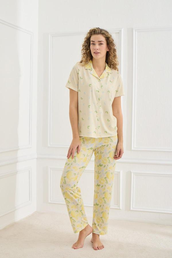 Kadın Limon Desenli Polo Yaka Likralı Süprem Pijama Takım | Sarı 70110-856 - Image 1