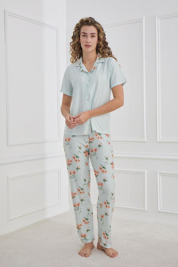 Kadın Marla Desenli Polo Yaka Önden Düğmeli Pijama Takım | Mint 30101-948 - Image 1