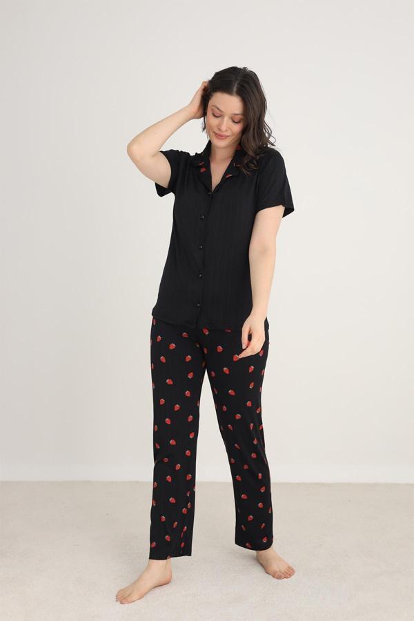 Kadın Marlenka Önden Düğmeli Pijama Takım | Siyah 80602-889 - Image 1