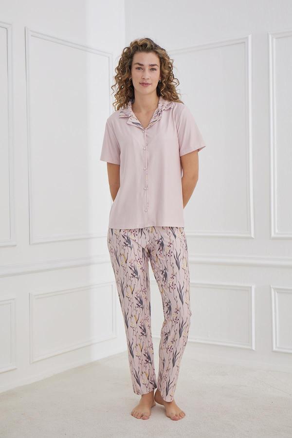Kadın Polo Yaka Çiçek Desenli Önden Düğmeli Pijama Takım | Lila 30101-946 - Image 1