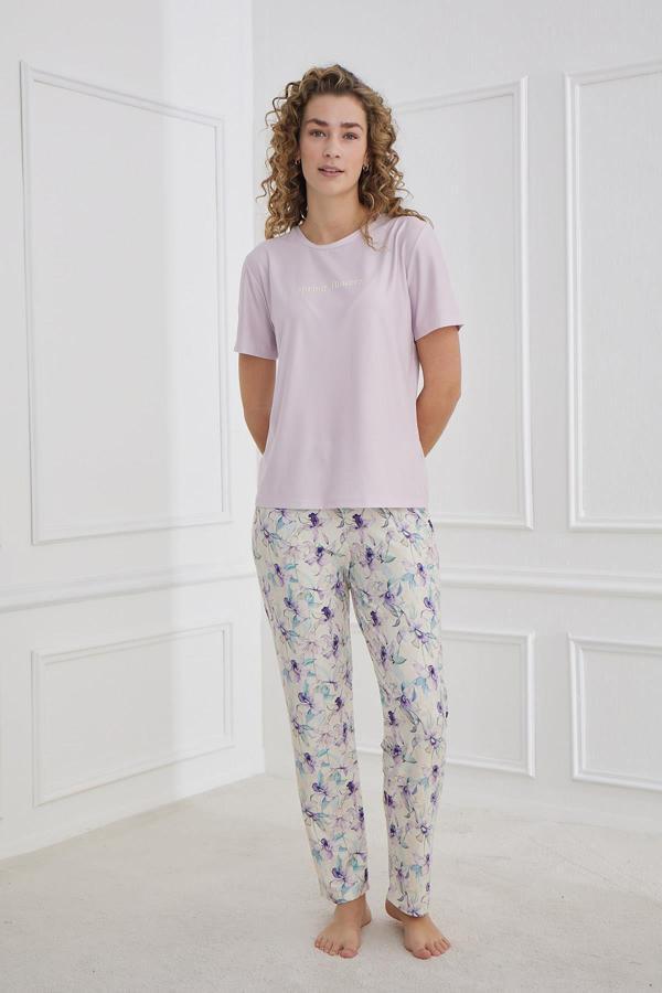 Kadın Bisiklet Yaka Çiçek Desenli Pijama Takım | Lila 30102-1168 - Image 1