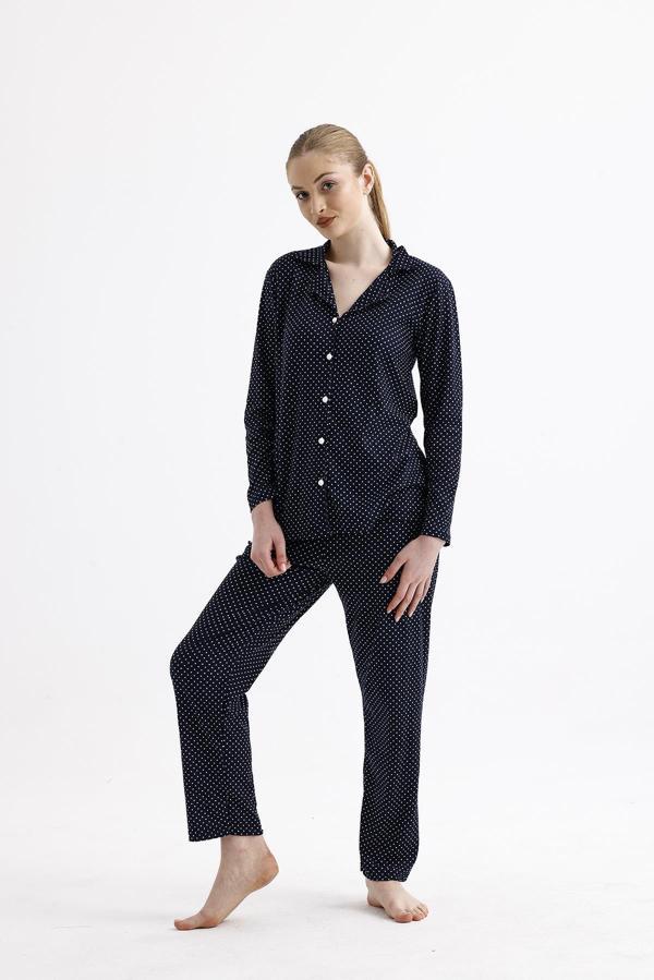 Kadın Süet Önden Düğmeli Pijama Takımı | Puantiyeli Lacivert - Image 1