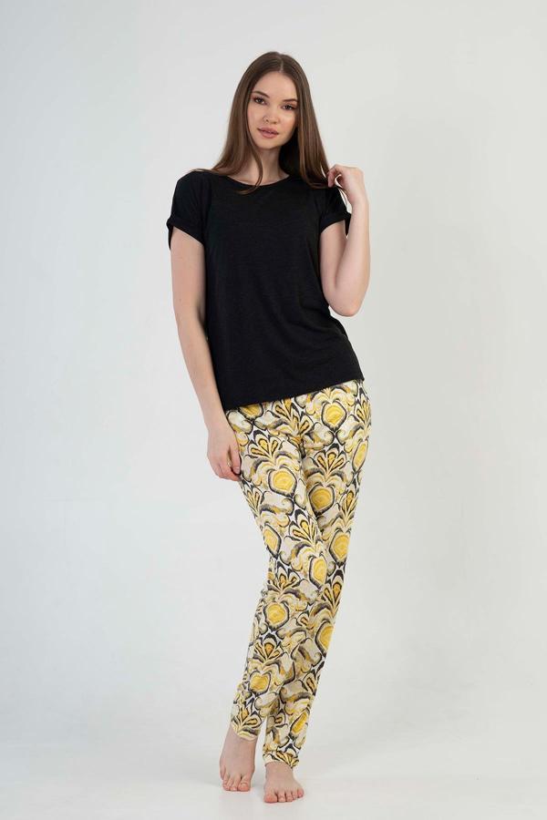 Kadın Bisiklet Yaka Kısa Kol Altı Uzun Pijama Takım | Siyah 2100956548 - Image 1