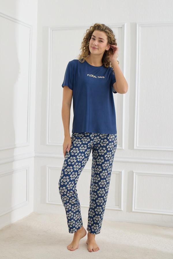 Kadın Çiçek Desenli Bisiklet Yaka Pijama Takım | Lacivert  30102-963 - Image 1