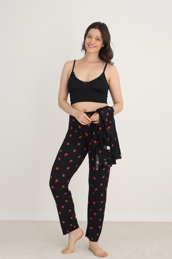 Kadın Çilek Desenli İp Askılı Sabahlıklı 3'lü Pijama Takım | Siyah 80710-889 - Image 1