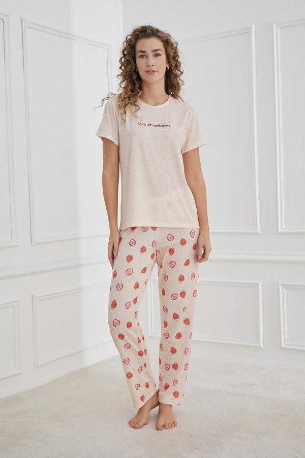 Kadın Çilek Desenli Likralı Süprem Bisiklet Yaka  Pijama Takım | Somon 70109-1221 - Image 1