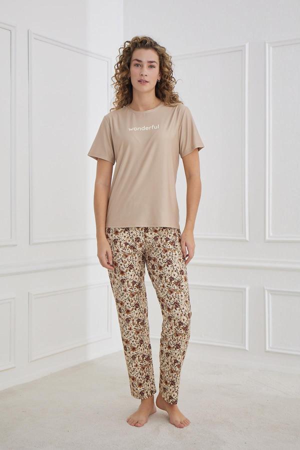 kadın Desenli Bisiklet Yaka Kısa Kollu  Pijama Takım | Kahverengi 30102-1173 - Image 1