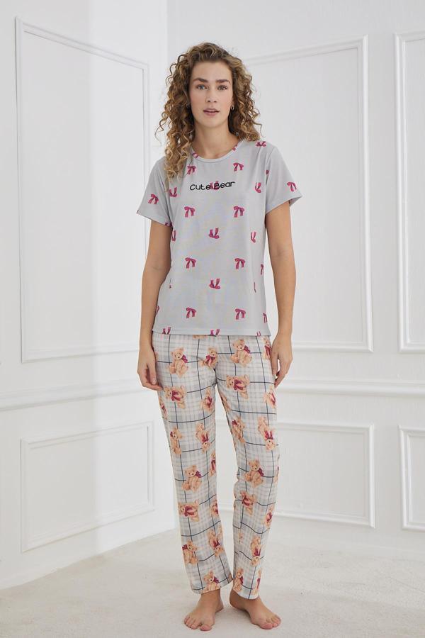 Kadın Desenli Likralı Süprem Bisiklet Yaka Pijama Takım | Gri 70109-1220 - Image 1