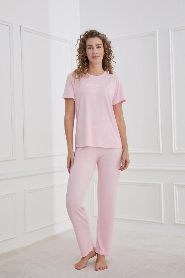 Kadın Yıldız Desenli Bisiklet Yaka Pijama Takım | Pembe 80601-1237 - Image 1