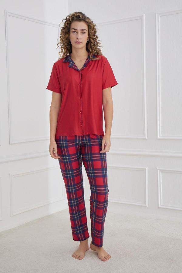 Kadın Desenli Polo Yaka Kısa Kol Pijama Takım | Kırmızı 30101-327 - Image 1