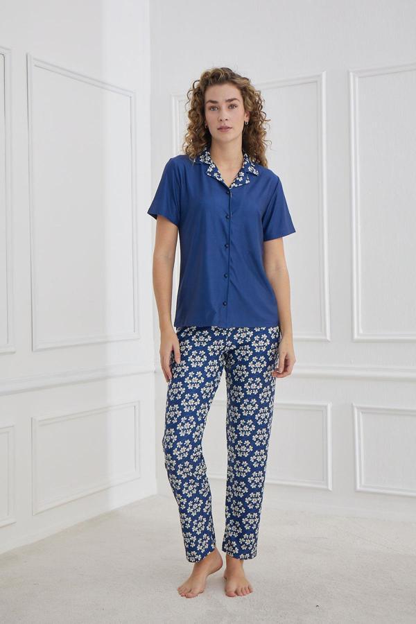 Kadın Desenli Polo Yaka Kısa Kol Pijama Takım | Lacivert 30101-1269 - Image 1