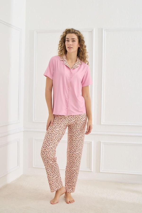 Kadın Desenli Polo Yaka Kısa Kol Pijama Takım | Pembe 30101-970 - Image 1