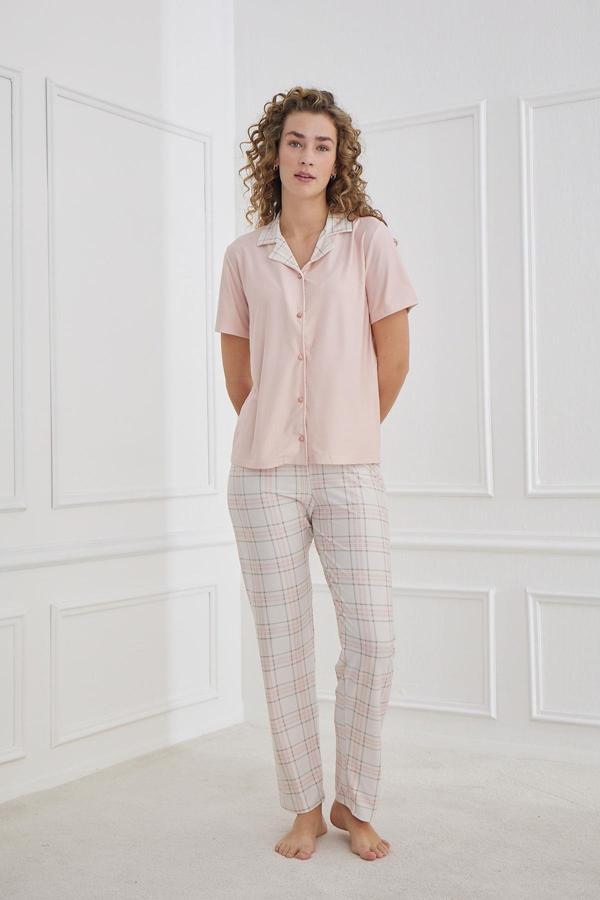 Kadın Desenli Polo Yaka Kısa Kol Pijama Takım | Pudra 30101-1277 - Image 1