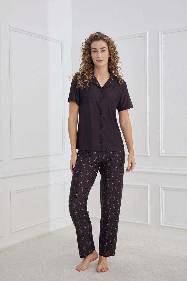 Kadın Desenli Polo Yaka Kısa Kol Pijama Takım | Siyah 30101-952 - Image 1