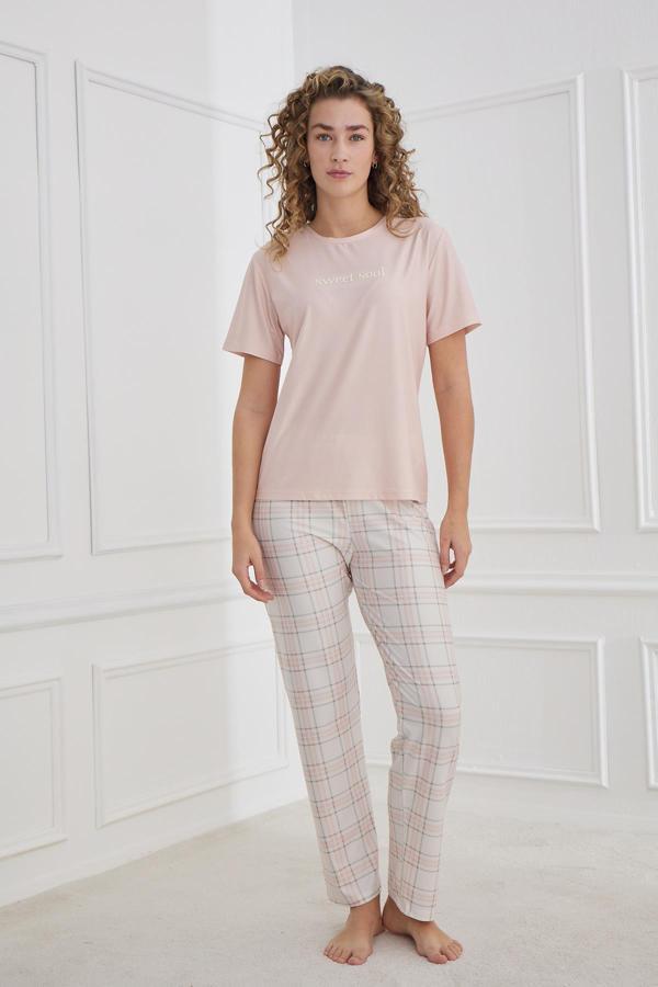 Kadın Ekose Desenli Bisiklet Yaka Pijama Takım | Pudra 30102-1285 - Image 1