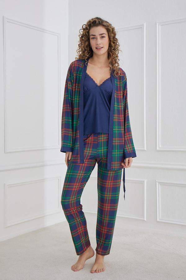 Kadın Ekose Desenli İp Askılı Sabahlıklı 3'lü Pijama Takım | Lacivert 30201-966 - Image 1