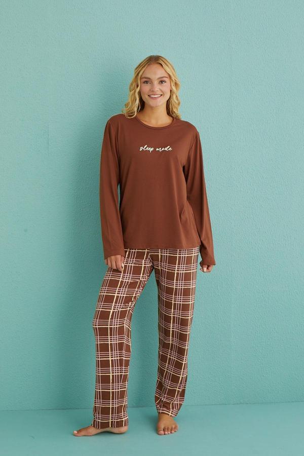 Kadın Genç Bisiklet Yaka Uzun Kollu Pijama Takımı | Kahverengi 50902-53 - Image 1