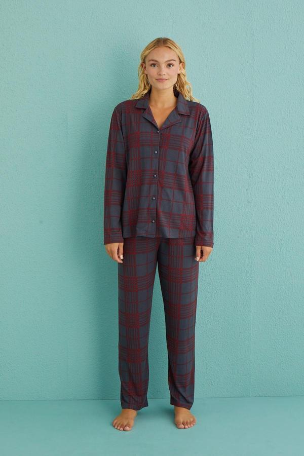 Kadın Genç Önden Düğmeli Uzun Kollu Pijama Takımı | Füme 50701-62 - Image 1