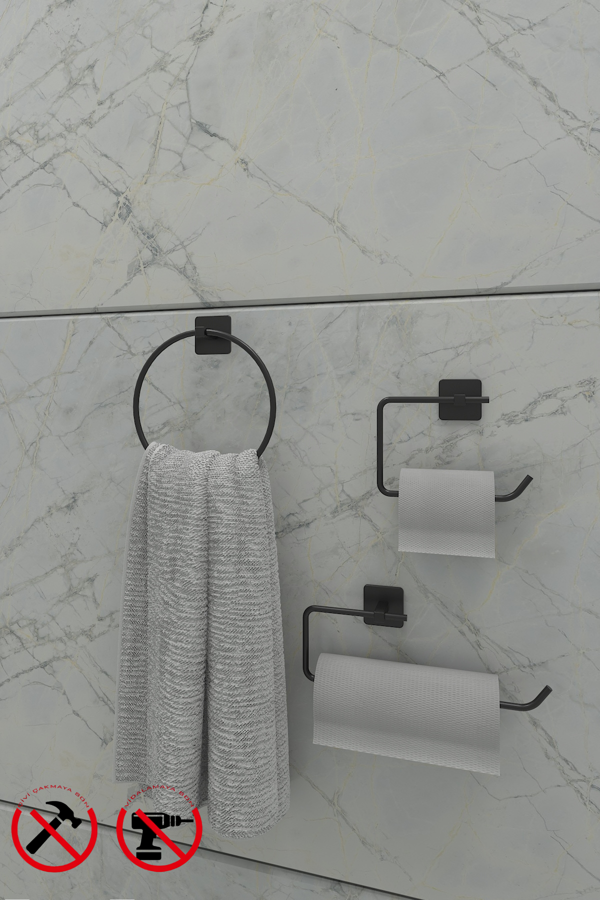 Jasmin Yapışkanlı Siyah Kare 3'lü Banyo Seti | Tuvalet Kağıtlığı, Solo Havluluk, Yuvarlak Havluluk - Image 1