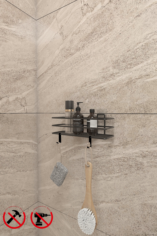 Yapışkanlı Siyah TŞ01 Banyo ve Mutfak Rafı, Siyah Banyo Duş Askısı - Image 1