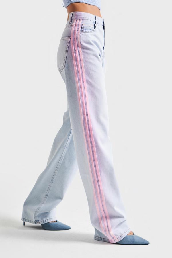 Kadın Kot Rengi 4s5-100 Neon Şerit Detaylı Loose Fit %100 Koton Tasarım Denim Jean - Image 1