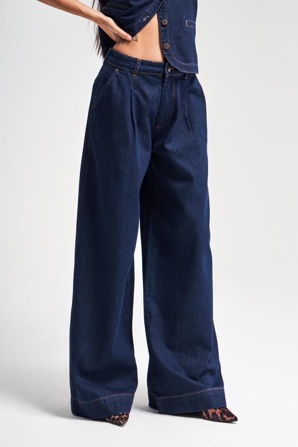 Kadın İndigo Renk 7s5-50 Mid Rise Palazzo Fit Orta Bel %100 Koton İç Boy 83cm Denim Jean - Image 1