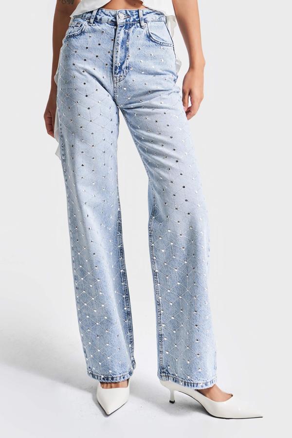 Kadın kot Rengi 4s5-3 Parlak Simetrik Taşlı Straight Fit Yüksek Bel Tasarım Denim Jean - Image 1