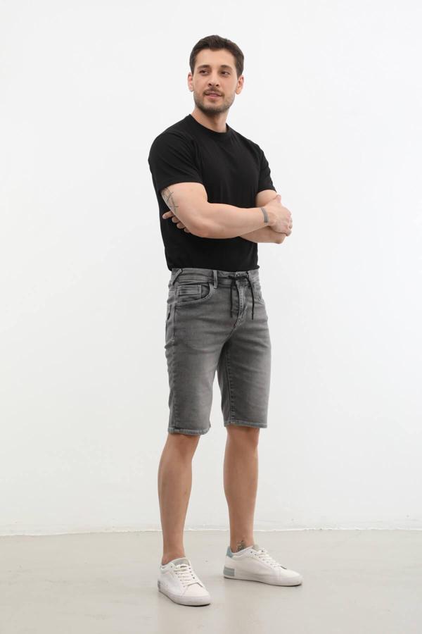 Erkek Likralı Bağcıklı Jean Şort - Image 1