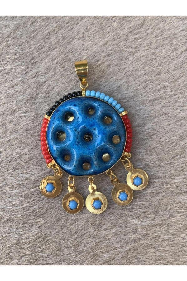 14 Ayar Altın Renkli Boncuklu Süryani Nazarlığı Dokuz Gözlü Kolye Ucu - Image 1