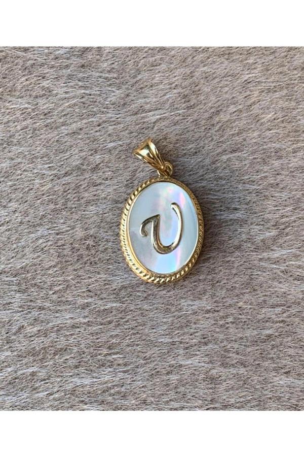 14 Ayar Altın Sedef Taşlı U Harf Kolye Ucu - Image 1