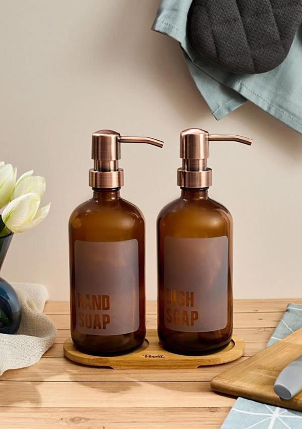 Lozione 2’li Mutfak Sıvı Sabunluk Seti - Bambu Stantlı Sıvı Sabunluk Takımı - 2x500 ML, Amber - Image 1