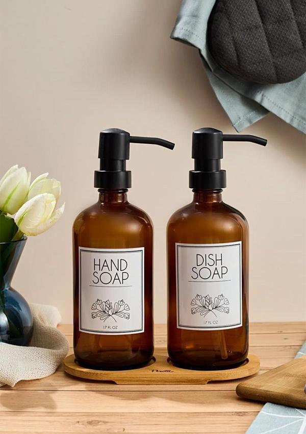 Lozione 2’li Mutfak Sıvı Sabunluk Seti - Bambu Stantlı Sıvı Sabunluk Takımı - 2x500 ML, Siyah Amber - Image 1