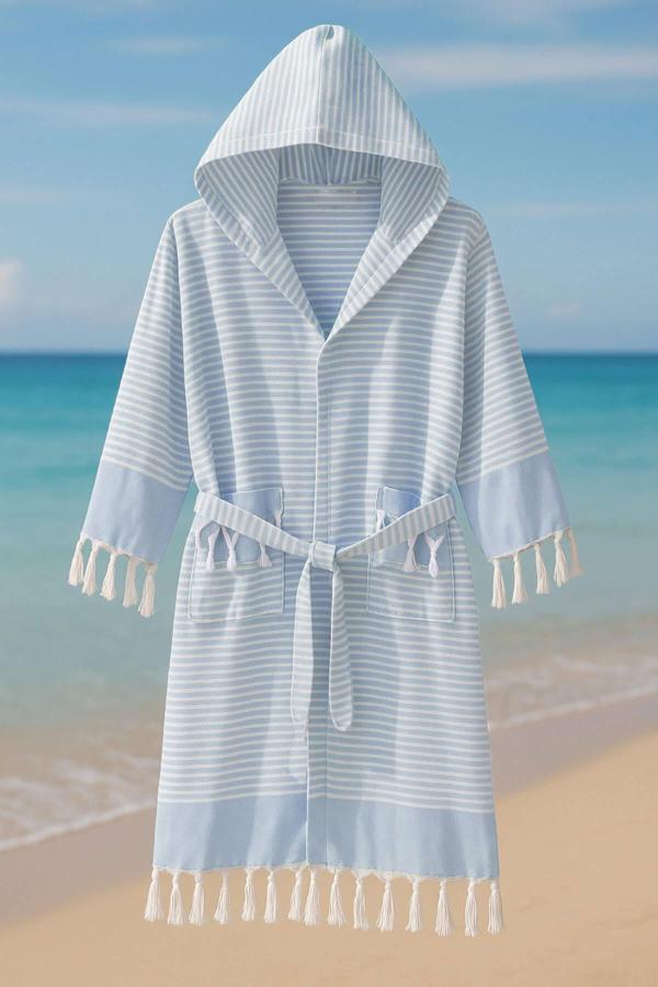 Kapşonlu Unisex Peştemal Plaj Bornozu %100 Pamuklu Seaside Stripe - Image 1