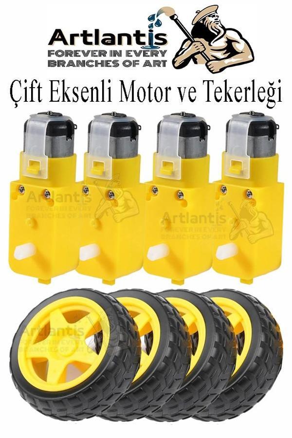 Çift Eksenli Motor 4 Adet ve Tekerlek 4 Adet Sarı Dc Motor Arduino Robotik Motor Tekerlek Deney Okul Bilim Araba Yapım - Image 1