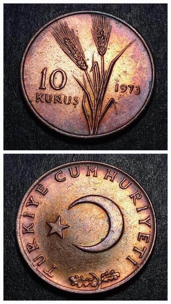 Escoines Koleksiyon 39963675df769d0e9e 1973 10Kuruş patinalı CA eski madeni para - Image 1