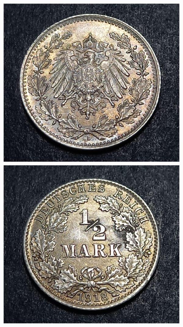 Escoines Koleksiyon 3996367671e711bf66 1918 Almanya ½Mark 2,78gram Gümüş CA eski yabancı madeni para - Image 1