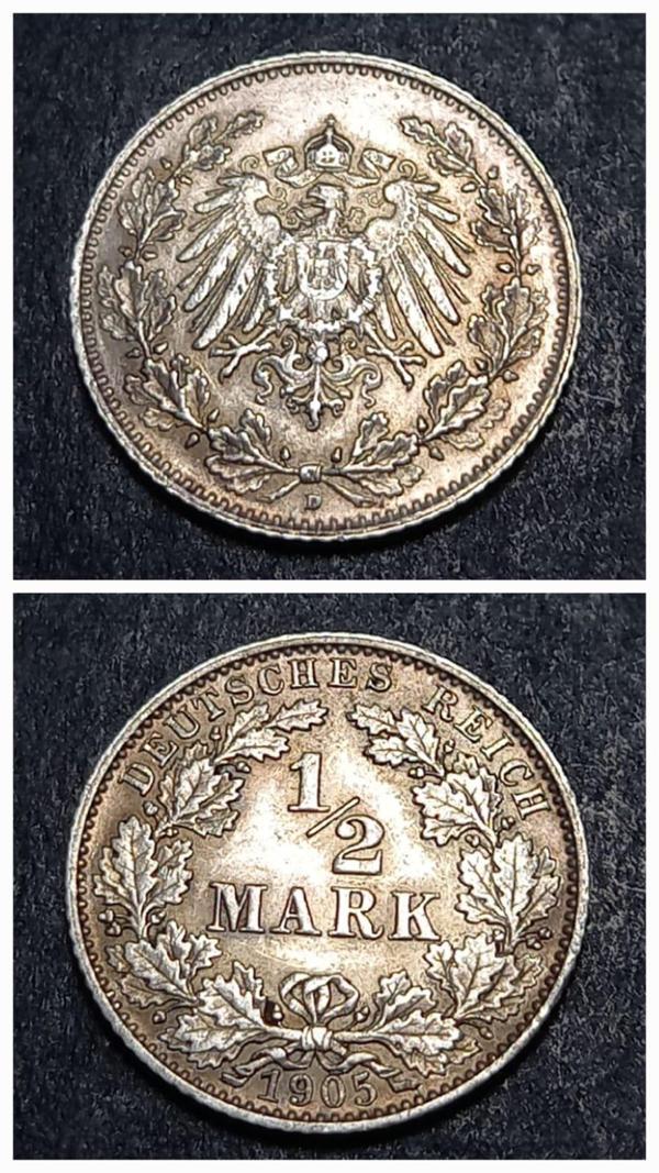 Escoines Koleksiyon 3996367671fbd93cc4 1905 Almanya ½Mark 2,76gram Gümüş CA eski yabancı madeni para - Image 1