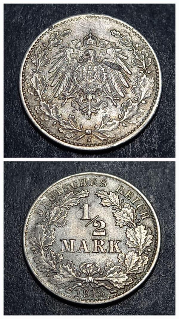 Escoines Koleksiyon 9963676721f0db0b5 1918 Almanya ½Mark 2,8gram Gümüş ÇÇT+ eski yabancı madeni para - Image 1