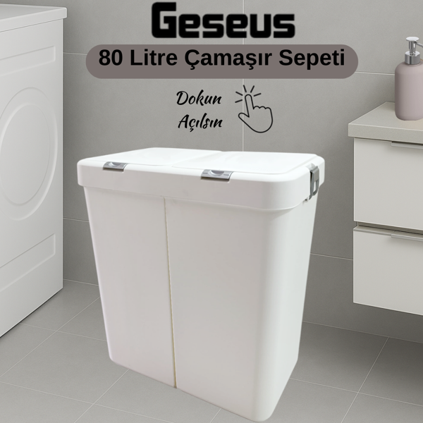 Gümüş Ikili Dokunmatik Çamaşır Sepeti Çöp Kovası Temizlik Kovası Kirli Sepet 80 Litre-MT009 - Image 1