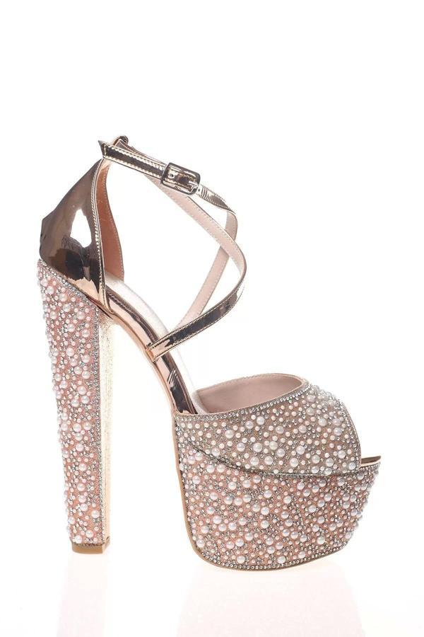 Kadın Moda Şık Gold Ayna Full Inci Taş Topuklu Düğün Nişan Gece Abiye Ayakkabı - Image 1