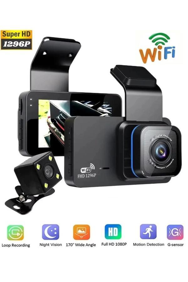Araç İçi Kamera Wifi Özellikli Ekranlı Ön Ve Geri Görüş Kameralı Mikrofonlu 3 İnç Hd - Image 1