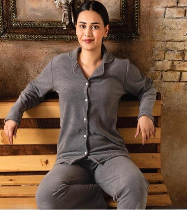 Sude Kadın Gömlek Yaka Polar Pijama Takımı M922 - 1 Adet Antrasit-S - Image 1