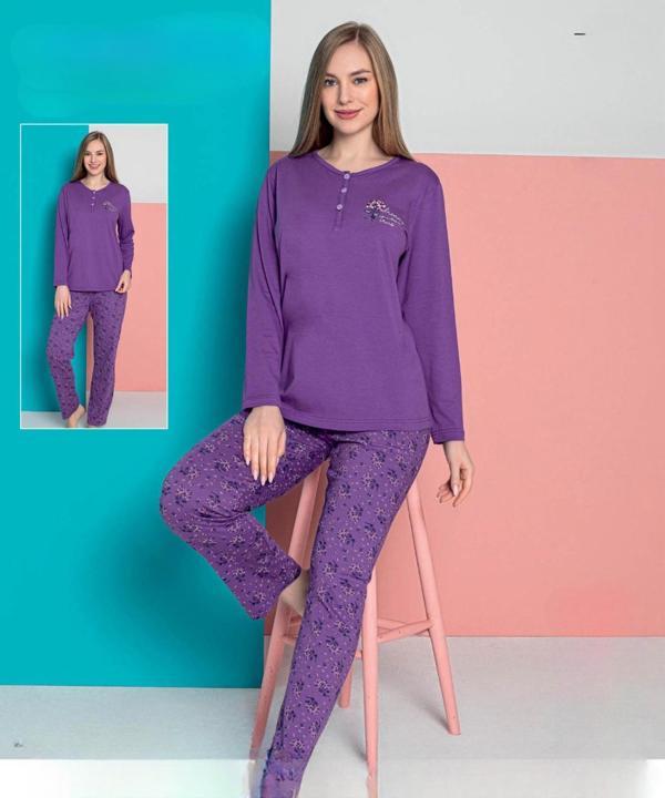 Senfoni Kadın Modal Penye Likralı Düğme Yaka Uzun Kol Pijama Takımı 10382 -1 Adet - Image 1