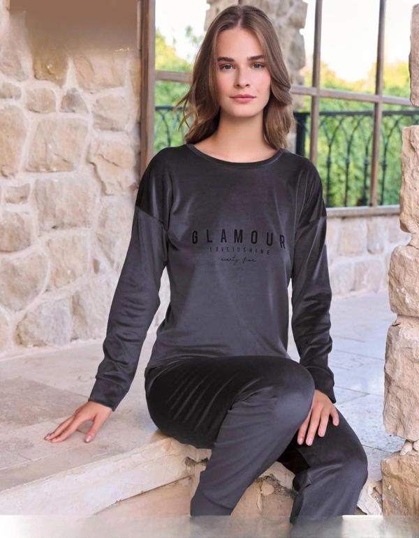 Pijamoni Kadın Kışlık Bisiklet Yaka Likralı Soft Kadife Pijama Takımı 4200/12 - 1 Adet 2XL-Antrasit - Image 1