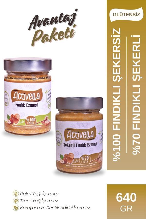 Activella Şekerli Fındık Ezmesi 320gr %70 Fındıklı + Şekersiz Fındık Ezmesi 320gr %100 Fındıklı - Image 1