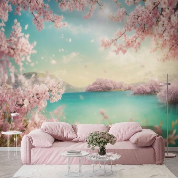 Pembe Ağaç ve Göl Duvar Kağıdı Baskı - Image 1