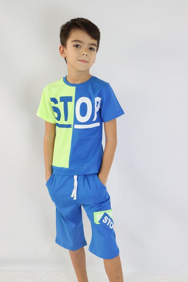 Erkek Çocuk Bisiklet Stop  Baskılı Kısa Kollu Basic Kaprili Takım 6-9 Yaş - Image 1