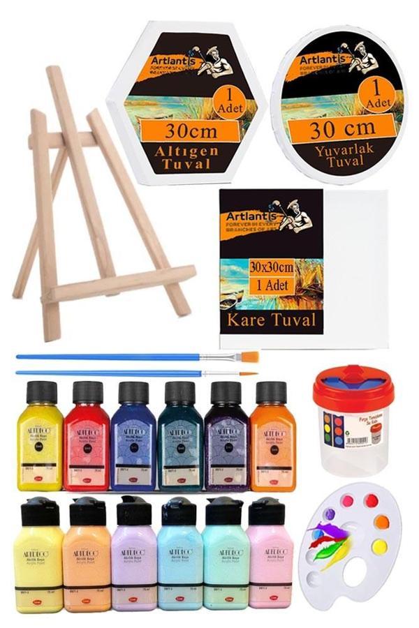 Kare Yuvarlak ve Altıgen Tuval 30 cm 12 Renk 75 ml Akrilik Boya Şövale 1 Paket 30x30 cm Arkadan Zımbalı Astarlı Resim - Image 1